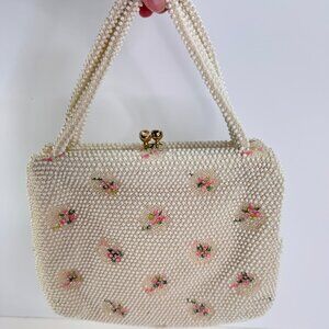 Vintage White  Floral Lumured Corde Bead Handbag Purse